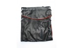 Black and cognac-colored leather bag with fold-over effect